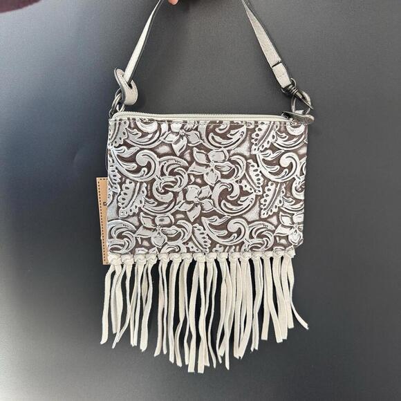 New Justin Convertible Bag to Wristlet White Tooled Leather Fringe Weste… - Picture 1 of 5